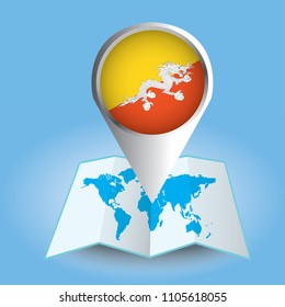 World map centered on Asia with magnified Bhutan. Blue flag and map of Bhutan. Abstract vector illustration.