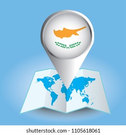 World map centered on Asia with magnified Cyprus. Blue flag and map of Cyprus. Abstract vector illustration.