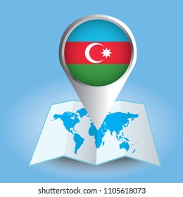World map centered on Asia with magnified Azerbaijan. Blue flag and map of Azerbaijan. Abstract vector illustration.