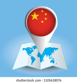 World map centered on Asia with magnified China. Blue flag and map of China. Abstract vector illustration.