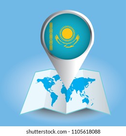 World map centered on Asia with magnified Kazakhstan. Blue flag and map of Kazakhstan. Abstract vector illustration.