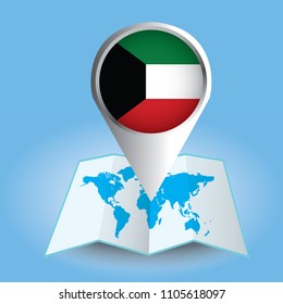 World map centered on Asia with magnified Kuwait. Blue flag and map of Kuwait. Abstract vector illustration.
