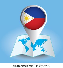 World map centered on Asia with magnified Philippines. Blue flag and map of Philippines. Abstract vector illustration.