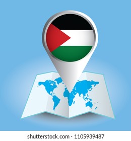 World map centered on Asia with magnified Palestine. Blue flag and map of Palestine. Abstract vector illustration.