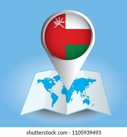 World map centered on Asia with magnified Oman. Blue flag and map of Oman. Abstract vector illustration.
