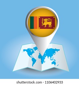 World map centered on Asia with magnified Sri Lanka. Blue flag and map of Sri Lanka. Abstract vector illustration.