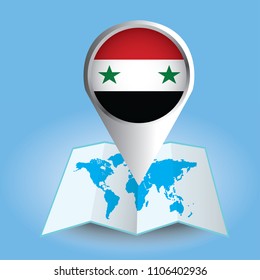 World map centered on Asia with magnified Syria. Blue flag and map of Syria. Abstract vector illustration.