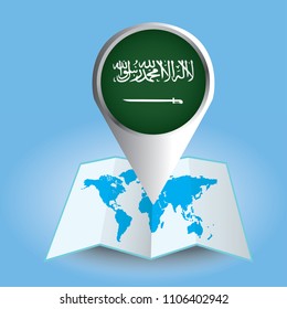 World map centered on Asia with magnified Saudi Arabia. Blue flag and map of Saudi Arabia. Abstract vector illustration.