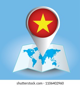 World map centered on Asia with magnified Vietnam. Blue flag and map of Vietnam. Abstract vector illustration.