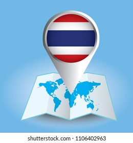 World map centered on Asia with magnified Thailand. Blue flag and map of Thailand. Abstract vector illustration.