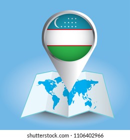 World map centered on Asia with magnified Uzbekistan. Blue flag and map of Uzbekistan. Abstract vector illustration.