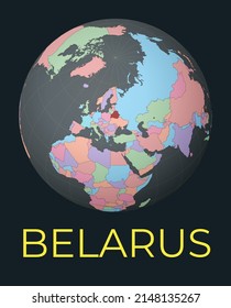 World map centered on Belarus. Red country highlighted. Satellite world view centered on the country with name. Vector Illustration.