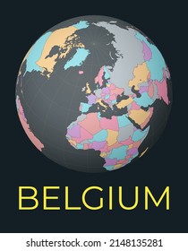 World map centered on Belgium. Red country highlighted. Satellite world view centered on the country with name. Vector Illustration.