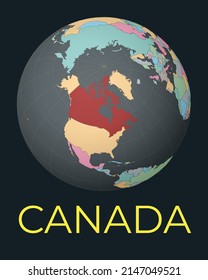 World map centered on Canada. Red country highlighted. Satellite world view centered on the country with name. Vector Illustration.