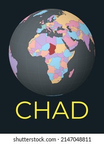 World map centered on Chad. Red country highlighted. Satellite world view centered on the country with name. Vector Illustration.