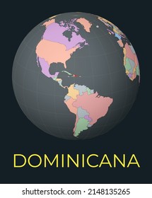 World map centered on the Dominican Republic. Red country highlighted. Satellite world view centered on the country with name. Vector Illustration.