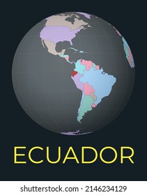 Mapa mundial centrado en Ecuador. El país rojo resaltó. La visión satelital del mundo se centró en un país con nombre. Ilustración vectorial.