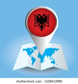 World map centered on Europe with magnified Albania. Blue flag and map of Albania. Abstract vector illustration.
