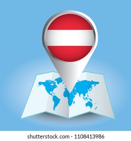 World map centered on Europe with magnified Austria. Blue flag and map of Austria. Abstract vector illustration.