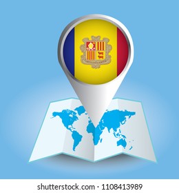 World map centered on Europe with magnified Andorra. Blue flag and map of Andorra. Abstract vector illustration.