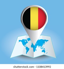 World map centered on Europe with magnified Belgium. Blue flag and map of Belgium. Abstract vector illustration.