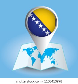 World map centered on Europe with magnified Bosnia and Herzegovina. Blue flag and map of Bosnia and Herzegovina. Abstract vector illustration.