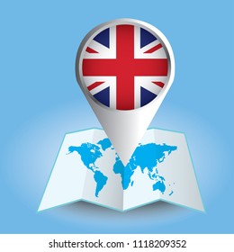 World map centered on Europe with magnified United Kingdom. Blue flag and map of United Kingdom. Abstract vector illustration.