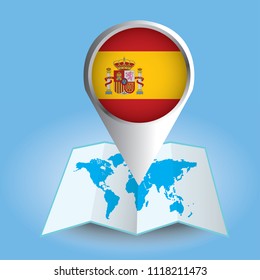 World map centered on Europe with magnified Spain. Blue flag and map of Spain. Abstract vector illustration.