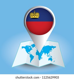 World map centered on Europe with magnified Liechtenstein. Blue flag and map of Liechtenstein. Abstract vector illustration.