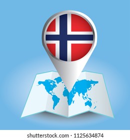 World map centered on Europe with magnified Norway. Blue flag and map of Norway. Abstract vector illustration.