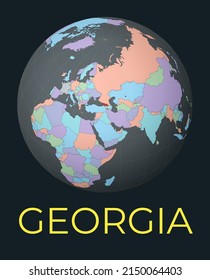 World map centered on Georgia. Red country highlighted. Satellite world view centered on the country with name. Vector Illustration.