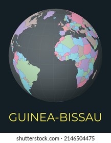 World map centered on Guinea-Bissau with the country highlighted in red. Satellite world view with the country name displayed. Vector illustration.
