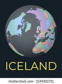 World map centered on Iceland. Red country highlighted. Satellite world view centered on the country with name. Vector Illustration.
