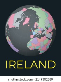 Mapa mundial centrado en Irlanda. El país rojo resaltó. La visión satelital del mundo se centró en un país con nombre. Ilustración vectorial.