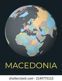 World map centered on Macedonia. Red country highlighted. Satellite world view centered on the country with name. Vector Illustration.