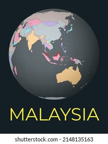 Mapa mundial centrado en Malasia. El país rojo resaltó. La visión satelital del mundo se centró en un país con nombre. Ilustración vectorial.