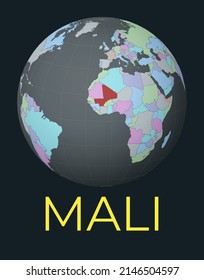 World map centered on Mali. Red country highlighted. Satellite world view centered on the country with name. Vector Illustration.