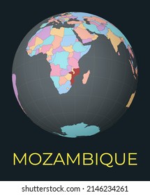 World map centered on Mozambique with the country highlighted in red. Satellite world view with the country name displayed. Vector illustration.