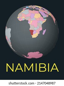 World map centered on Namibia. The country is highlighted in red. Satellite world view with the country name. Vector illustration.