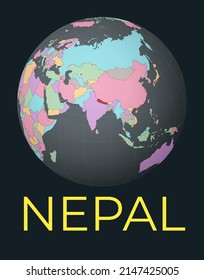 World map centered on Nepal. Red country highlighted. Satellite world view centered on the country with name. Vector Illustration.