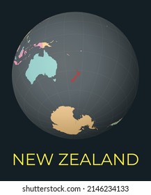 World map centered on New Zealand. Red country highlighted. Satellite world view centered on the country with name. Vector Illustration.