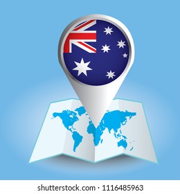 World map centered on Oceania with magnified Australia. Blue flag and map of Australia. Abstract vector illustration.