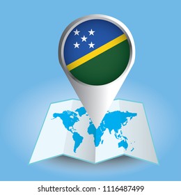 World map centered on Oceania with magnified Solomon Islands. Blue flag and map of Solomon Islands. Abstract vector illustration.