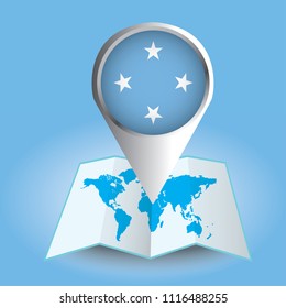 World map centered on Oceania with magnified Micronesia. Blue flag and map of Micronesia. Abstract vector illustration.
