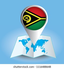 World map centered on Oceania with magnified Vanuatu. Blue flag and map of Vanuatu. Abstract vector illustration.
