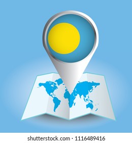 World map centered on Oceania with magnified Palau. Blue flag and map of Palau. Abstract vector illustration.