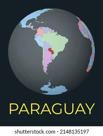 World map centered on Paraguay. Red country highlighted. Satellite world view centered on the country with name. Vector Illustration.
