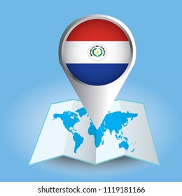 World map centered on South America with magnified Paraguay. Blue flag and map of Paraguay. Abstract vector illustration.