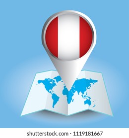World map centered on South America with magnified Peru. Blue flag and map of Peru. Abstract vector illustration.