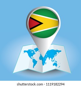 World map centered on South America with magnified Guyana. Blue flag and map of Guyana. Abstract vector illustration.